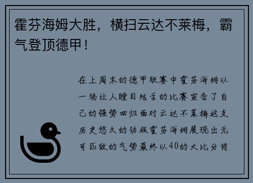 霍芬海姆大胜，横扫云达不莱梅，霸气登顶德甲！